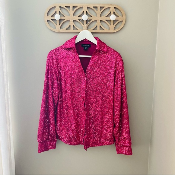 Rachel Zoe Sequin Button Up Top Pink Sz Small - Picture 1 of 8